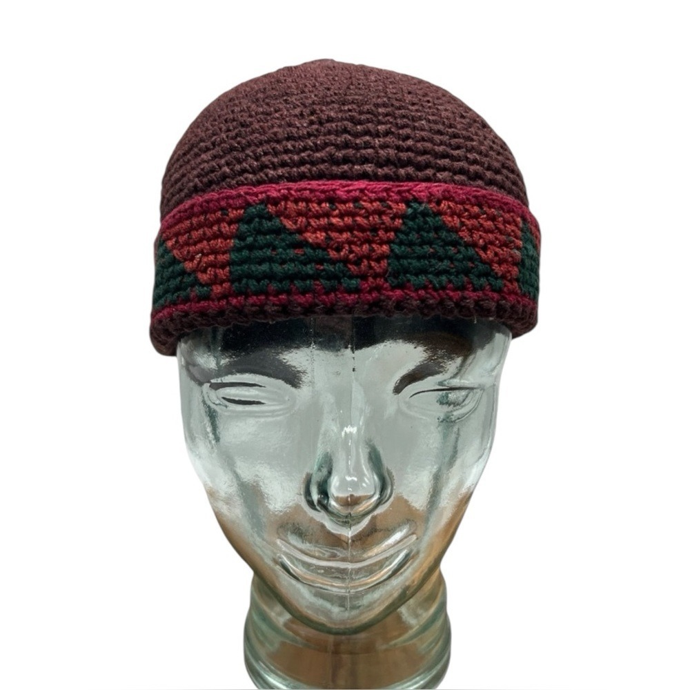 HANDMADE Crochet Kufi Skull Cap Adult OS Boho Tribal Fishermans Watch Hat Red